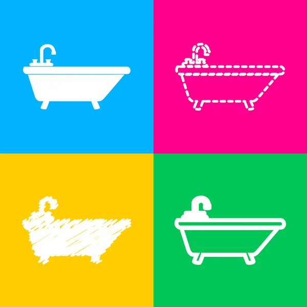 Bathtub sign illustration. Four styles of icon on four color squares. — Stock Vector