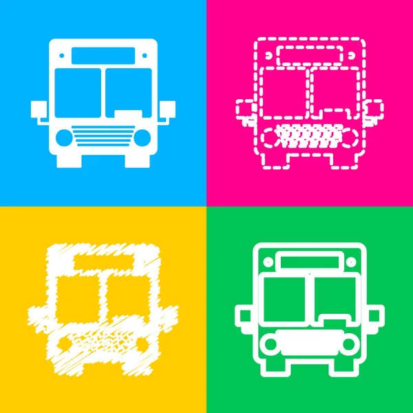 Bus teken illustratie. Vier stijlen van pictogram op vier vierkanten van de kleur. — Stockvector