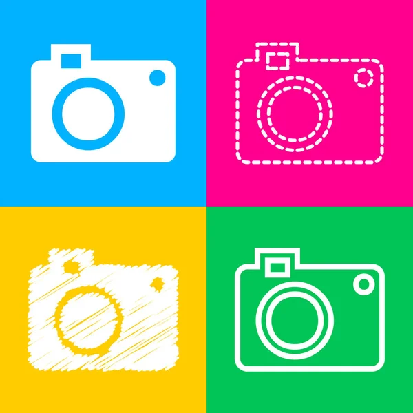 Знак цифровой камеры. Четыре стиля иконки на четырех цветных квадратах . — стоковый вектор