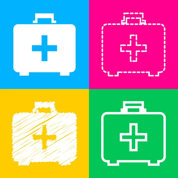 Medische EHBO doos teken. Vier stijlen van pictogram op vier vierkanten van de kleur. — Stockvector