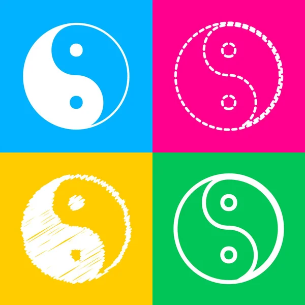 Ying Yang símbolo de armonía y equilibrio. Cuatro estilos de icono en cuatro cuadrados de color . — Vector de stock