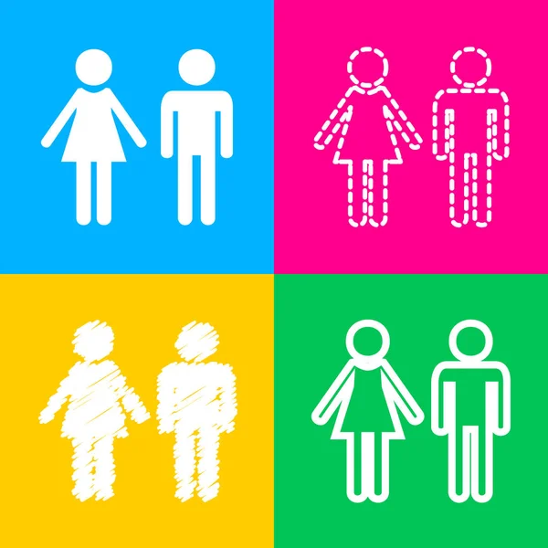 Male and female sign. Four styles of icon on four color squares. — Stock Vector