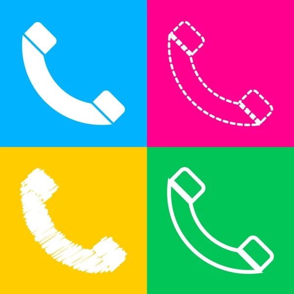 Illustration de panneau téléphonique. Quatre styles d'icône sur quatre carrés de couleur . — Image vectorielle