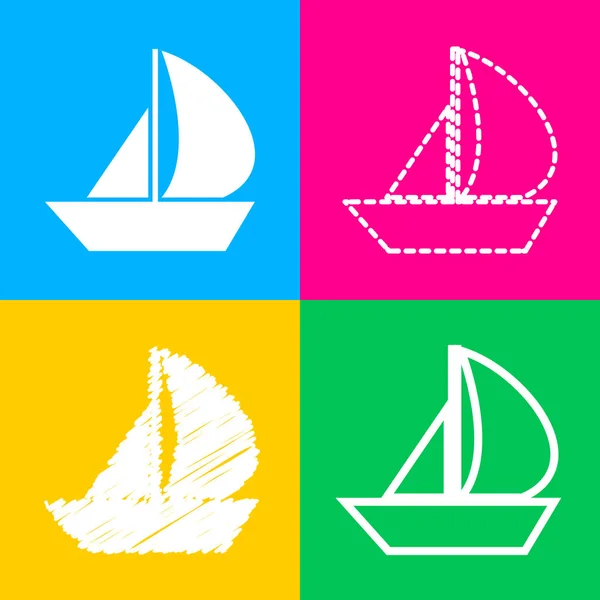 Señal de barco de vela. Cuatro estilos de icono en cuatro cuadrados de color . — Archivo Imágenes Vectoriales