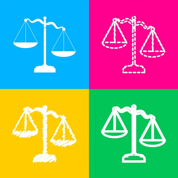 Zeichen der Gerechtigkeit. vier Symbolstile auf vier farbigen Quadraten. — Stockvektor