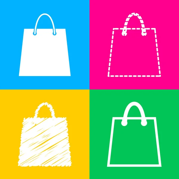 Nákupní taška ilustrace. Čtyři styly ikony na čtyři barevné čtverce. — Stockový vektor