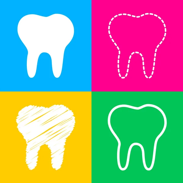 Tooth sign illustration. Four styles of icon on four color squares. — Stock Vector