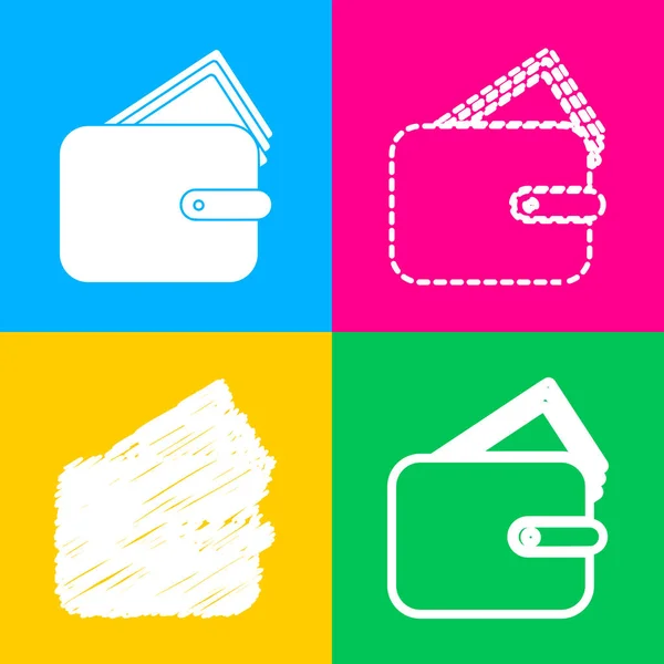 Ilustración de signos de billetera. Cuatro estilos de icono en cuatro cuadrados de color . — Vector de stock