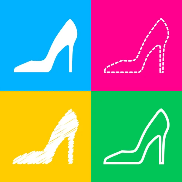 Um sapato de mulher. Quatro estilos de ícone em quatro quadrados de cores . — Vetor de Stock