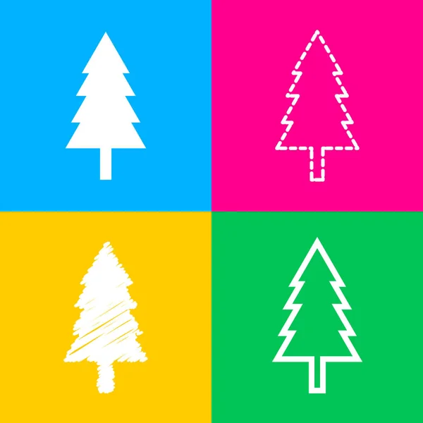 Nový rok stromů znamení. Čtyři styly ikony na čtyři barevné čtverce. — Stockový vektor
