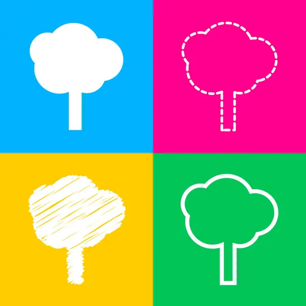 Baum-Zeichen-Illustration. vier Symbolstile auf vier farbigen Quadraten. — Stockvektor