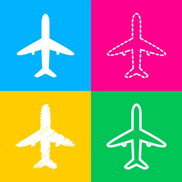 Flygplan tecken illustration. Fyra stilar av ikonen på fyra färg rutor. — Stock vektor