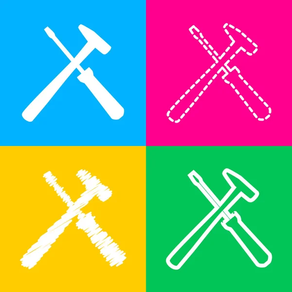 Outils signe illustration. Quatre styles d'icône sur quatre carrés de couleur . — Image vectorielle