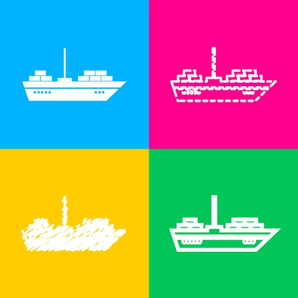 Иллюстрация знака корабля. Четыре стиля иконки на четырех цветных квадратах . — стоковый вектор