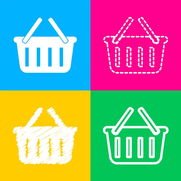 Cartel de cesta de compra. Cuatro estilos de icono en cuatro cuadrados de color . — Archivo Imágenes Vectoriales