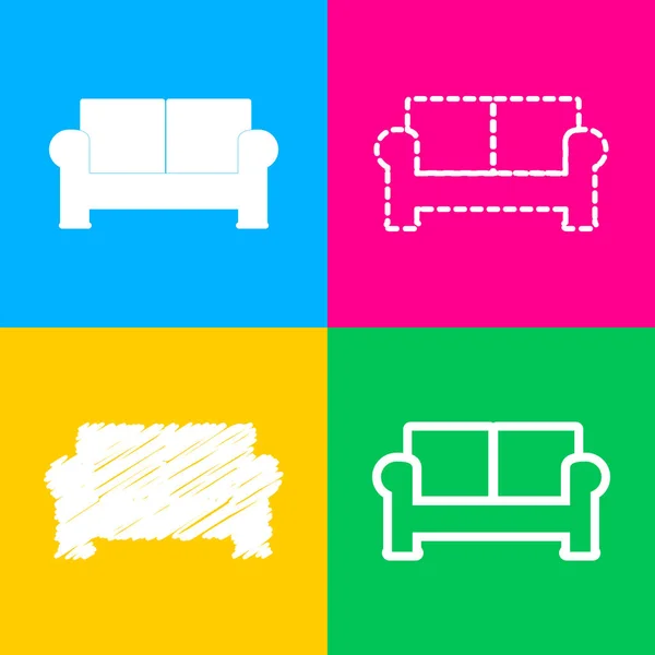 Sofá signo ilustración. Cuatro estilos de icono en cuatro cuadrados de color . — Vector de stock