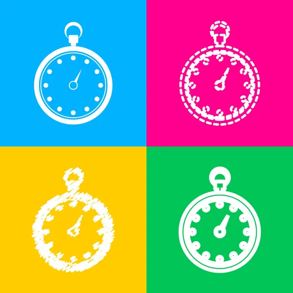 Illustrazione segno cronometro. Quattro stili di icona su quattro quadrati di colore . — Vettoriale Stock