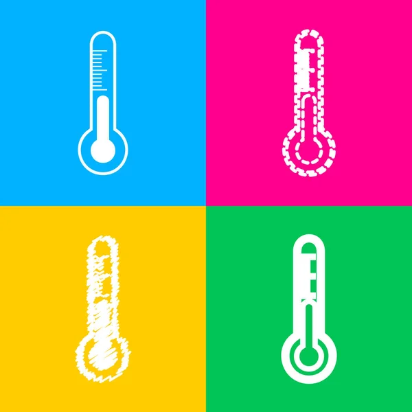 Sinal de termômetro de tecnologia de diagnóstico Meteo. Quatro estilos de ícone em quatro quadrados de cores . —  Vetores de Stock