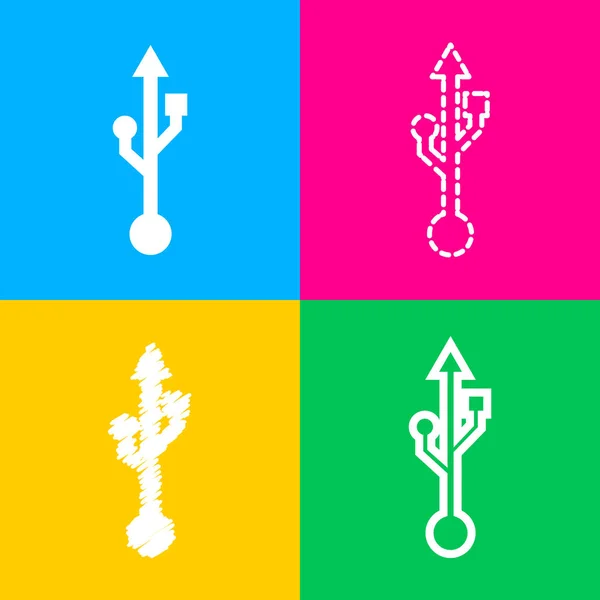 Usb の記号の図。4 つの色の正方形のアイコンの 4 つのスタイル. — ストックベクタ