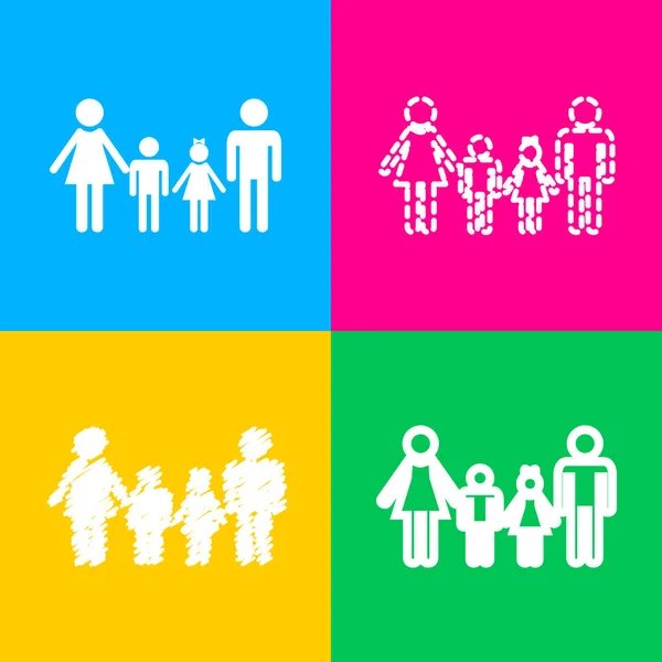 Signe de famille. Quatre styles d'icône sur quatre carrés de couleur . — Image vectorielle