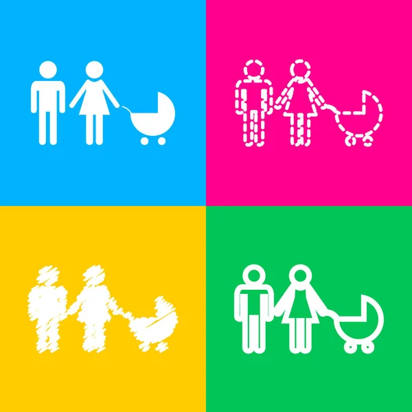 Οικογένεια σημάδι εικονογράφηση. Τέσσερα στυλ εικονίδιο για τέσσερις πλατείες χρώμα. — Διανυσματικό Αρχείο