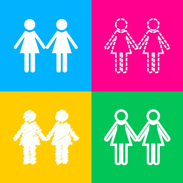 Signe de famille lesbienne. Quatre styles d'icône sur quatre carrés de couleur . — Image vectorielle