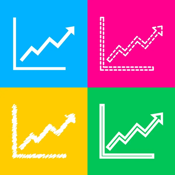 Groeiende bars grafisch teken. Vier stijlen van pictogram op vier vierkanten van de kleur. — Stockvector