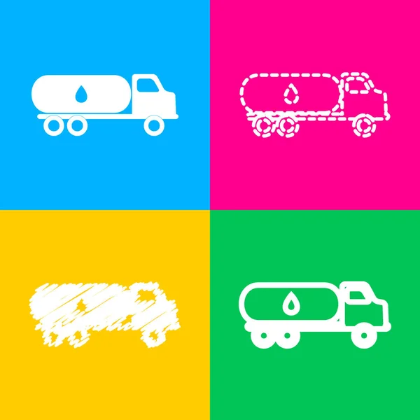 Auto transportiert Ölzeichen. vier Symbolstile auf vier farbigen Quadraten. — Stockvektor