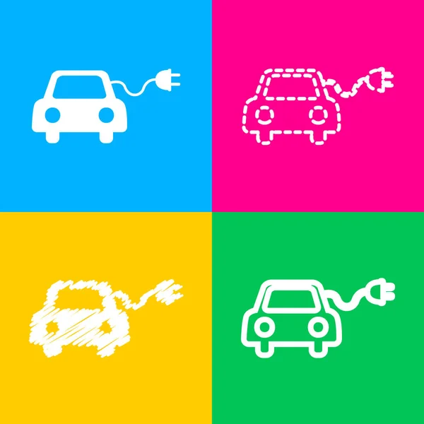 Signo de coche eléctrico ecológico. Cuatro estilos de icono en cuatro cuadrados de color . — Vector de stock