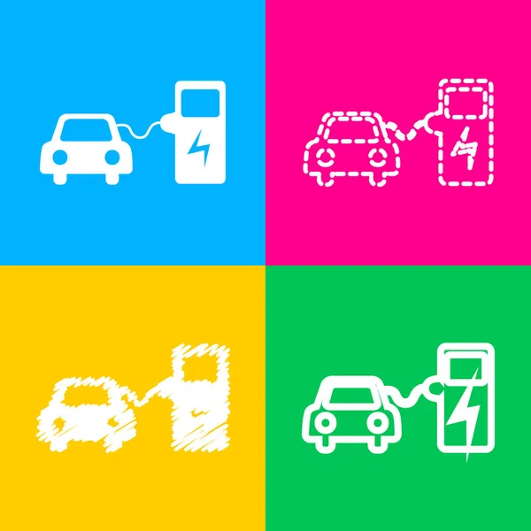 Cartel de carga de batería de coche eléctrico. Cuatro estilos de icono en cuatro cuadrados de color . — Archivo Imágenes Vectoriales
