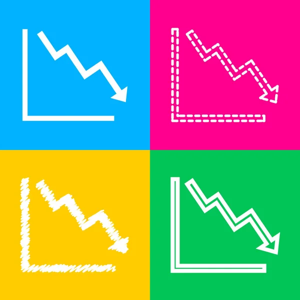 Pijl naar beneden weergegeven: crisis. Vier stijlen van pictogram op vier vierkanten van de kleur. — Stockvector