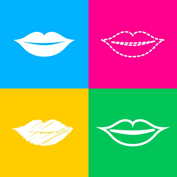 Lippen ondertekenen illustratie. Vier stijlen van pictogram op vier vierkanten van de kleur. — Stockvector