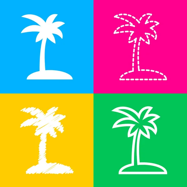 Знак кокосовой пальмы. Четыре стиля иконки на четырех цветных квадратах . — стоковый вектор