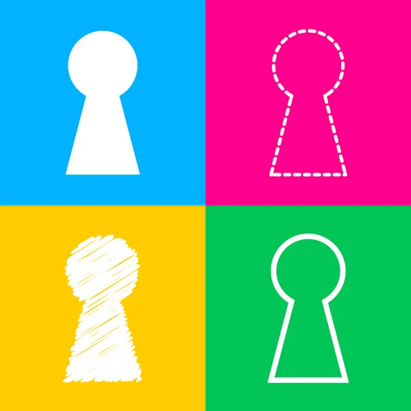 Figura do sinal do buraco da fechadura. Quatro estilos de ícone em quatro quadrados de cores . —  Vetores de Stock