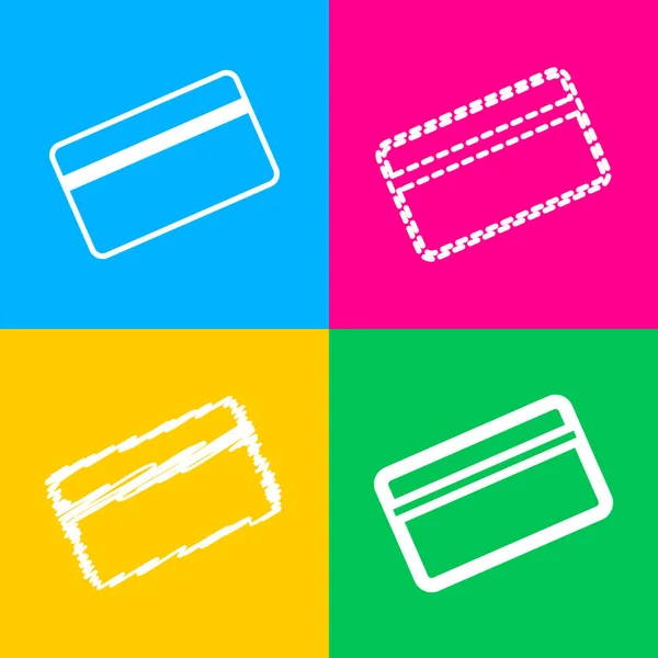 Tarjeta de crédito para descargar. Cuatro estilos de icono en cuatro cuadrados de color . — Vector de stock