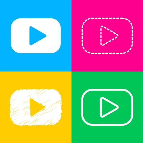 Joue au panneau. Quatre styles d'icône sur quatre carrés de couleur . — Image vectorielle