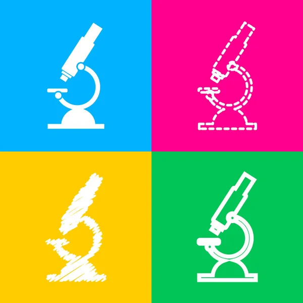 Sinal de microscópio químico para laboratório. Quatro estilos de ícone em quatro quadrados de cores . —  Vetores de Stock