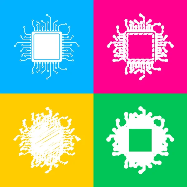 Mikroprocesor CPU ilustrace. Čtyři styly ikony na čtyři barevné čtverce. — Stockový vektor