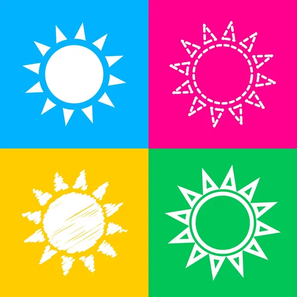 Sun sign illusztráció. Négy stílus ikon a négy színes négyzetek. — Stock Vector