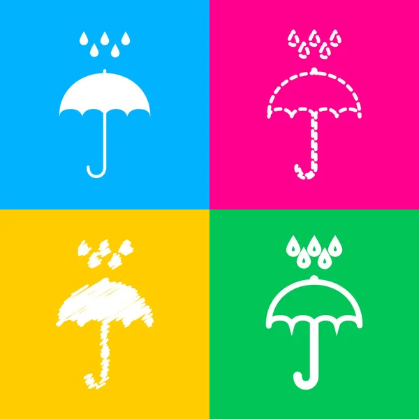 Зонтик с капельками воды. Символ защиты от дождя. Плоский стиль дизайна. Четыре стиля иконки на четырех цветных квадратах . — стоковый вектор