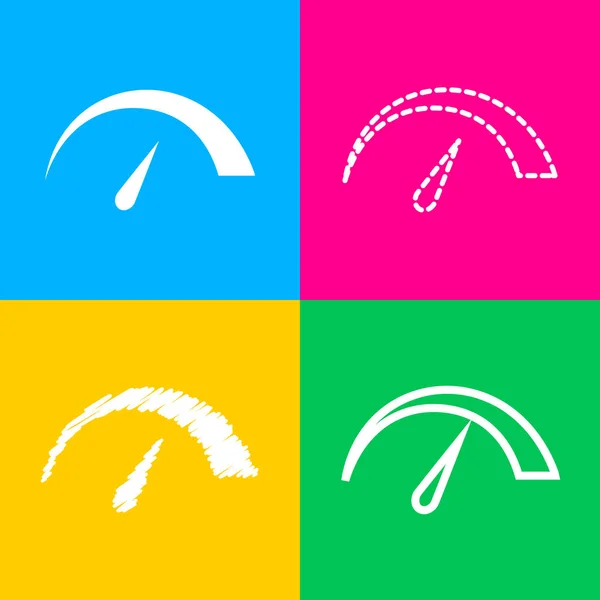 Illustrazione segno tachimetro. Quattro stili di icona su quattro quadrati di colore . — Vettoriale Stock