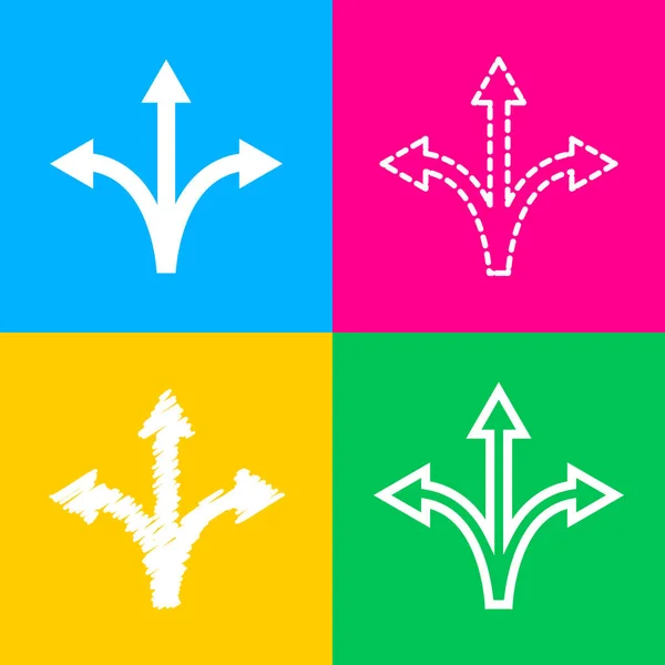 Sinal de seta de três direcções. Quatro estilos de ícone em quatro quadrados de cores . — Vetor de Stock