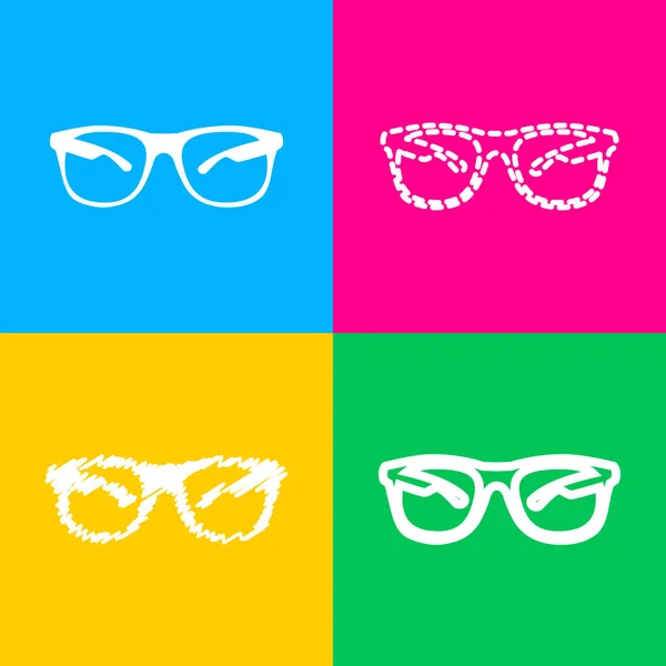 Gafas de sol signo ilustración. Cuatro estilos de icono en cuatro cuadrados de color . — Vector de stock