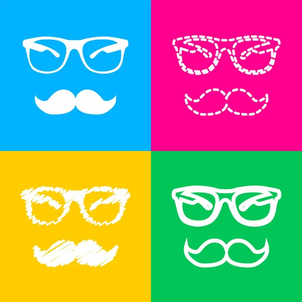 Moustache et lunettes signent. Quatre styles d'icône sur quatre carrés de couleur . — Image vectorielle