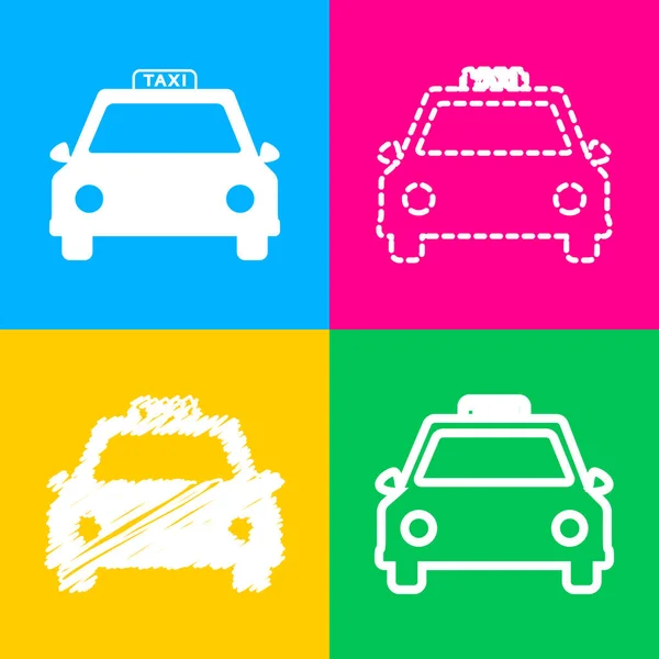 Ilustración de señal de taxi. Cuatro estilos de icono en cuatro cuadrados de color . — Vector de stock