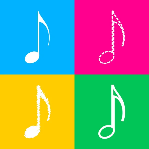 Hudební Poznámka znaménko. Čtyři styly ikony na čtyři barevné čtverce. — Stockový vektor