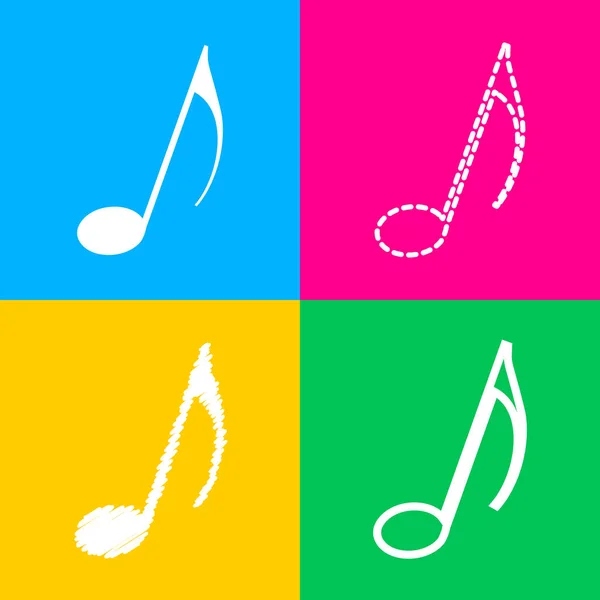 Signo de nota musical. Cuatro estilos de icono en cuatro cuadrados de color . — Vector de stock