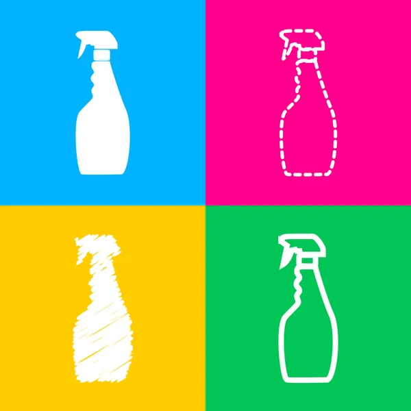 Plastic bottle for cleaning. Four styles of icon on four color squares. — Stock Vector