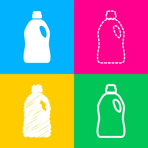 Plastikflasche zum Reinigen. vier Symbolstile auf vier farbigen Quadraten. — Stockvektor