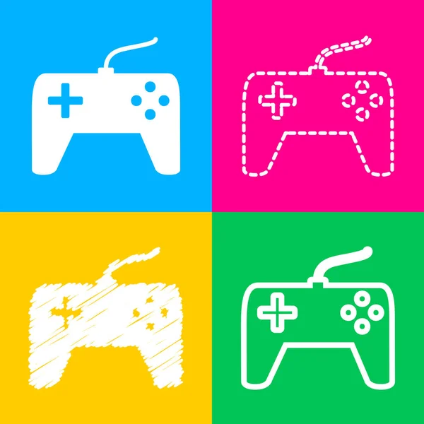 Joystick simple sign. Four styles of icon on four color squares. — Stock Vector